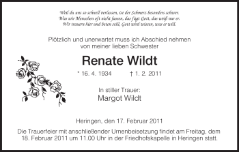 Traueranzeige von Renate Wildt von HERSFELDER ZEITUNG