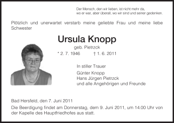 Traueranzeige von Ursula Knopp von HERSFELDER ZEITUNG