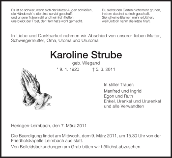 Traueranzeige von Karoline Strube von HERSFELDER ZEITUNG