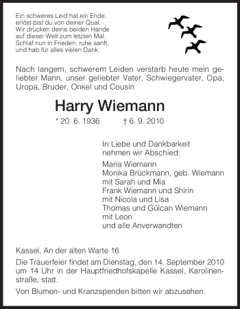 Traueranzeige von Harry Wiemann von HERSFELDER ZEITUNG