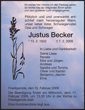 Traueranzeige von Justus Becker von HERSFELDER ZEITUNG