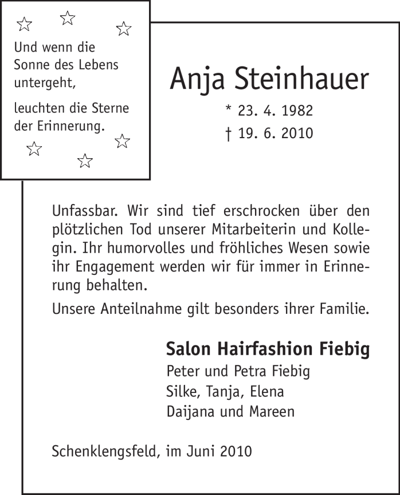 Traueranzeige für Anja Steinhauer vom 26.06.2010 aus HERSFELDER ZEITUNG