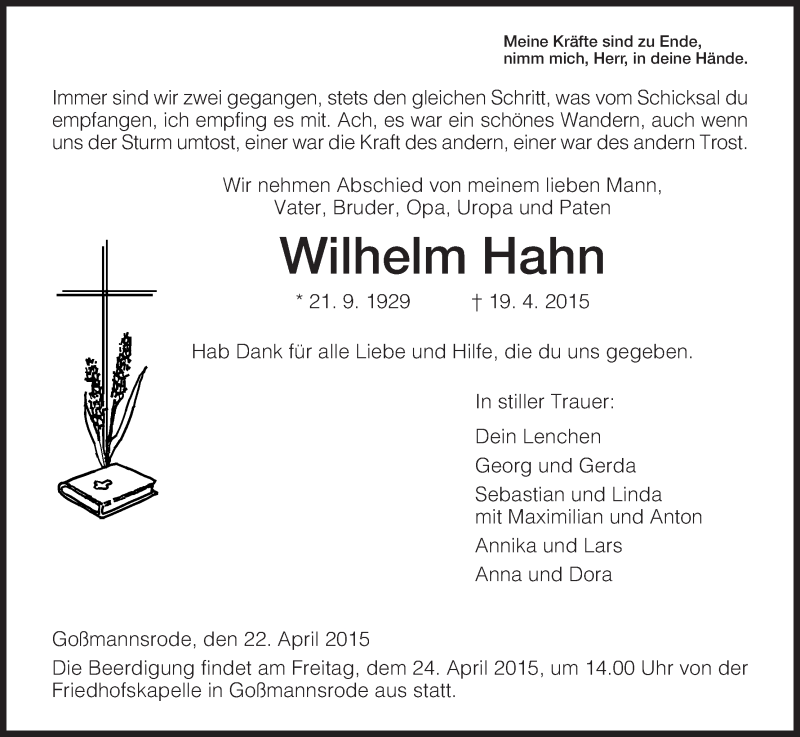  Traueranzeige für Wilhelm Hahn vom 22.04.2015 aus Hersfeld