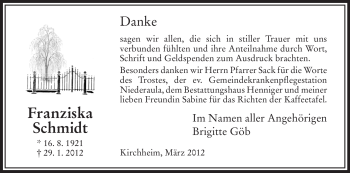 Traueranzeige von Franziska Schmidt von HERSFELDER ZEITUNG