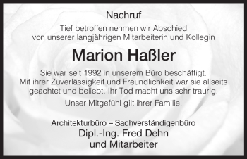 Traueranzeige von Marion Haßler von Hersfeld