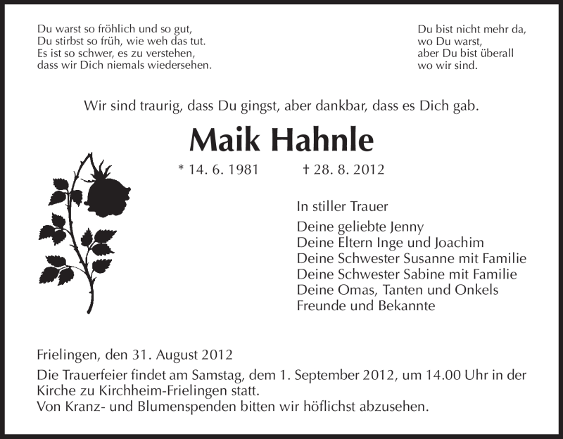 Traueranzeige für Maik Hahnle vom 31.08.2012 aus Hersfeld