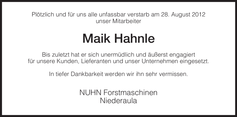  Traueranzeige für Maik Hahnle vom 01.09.2012 aus Hersfeld