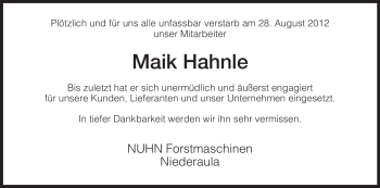 Traueranzeige von Maik Hahnle von Hersfeld