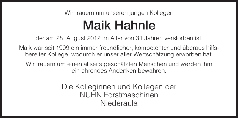  Traueranzeige für Maik Hahnle vom 01.09.2012 aus Hersfeld