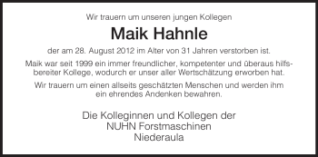 Traueranzeige von Maik Hahnle von Hersfeld