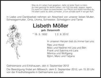 Traueranzeige von Lisbeth Möller von Hersfeld