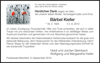 Traueranzeige von Bärbel Kiefer von Hersfeld