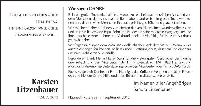  Traueranzeige für Karsten Litzenbauer vom 15.09.2012 aus Hersfeld