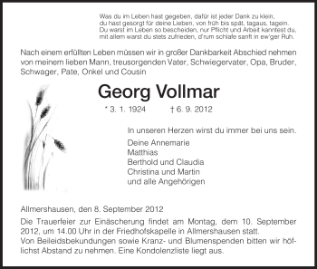 Traueranzeige von Georg Vollmer von Hersfeld