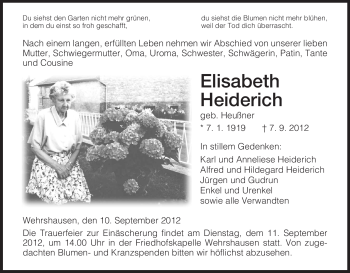 Traueranzeige von Elisabeth Heiderich von Hersfeld