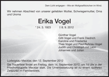 Traueranzeige von Erika Vogel von Hersfeld