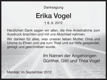 Traueranzeige von Erika Vogel von Hersfeld