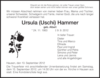 Traueranzeige von Ursula Hammer von Hersfeld