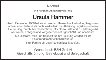 Traueranzeige von Ursula Hammer von Hersfeld