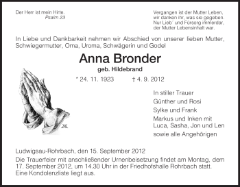 Traueranzeige von Anna Bronder von Hersfeld