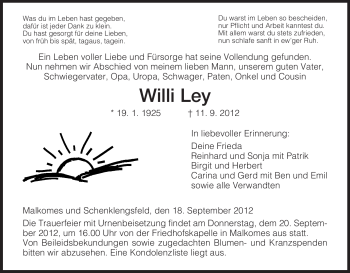 Traueranzeige von Willi Ley von Hersfeld