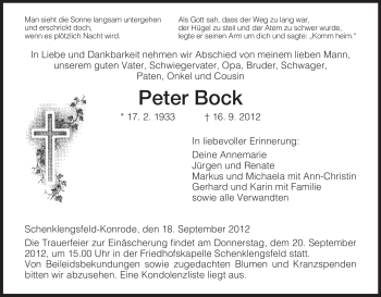 Traueranzeige von Peter Bock von Hersfeld