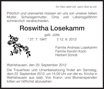 Traueranzeige von Roswitha Losekamm von Hersfeld