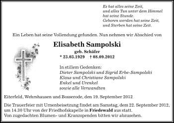 Traueranzeige von Elisabeth Sampolski von Hersfeld