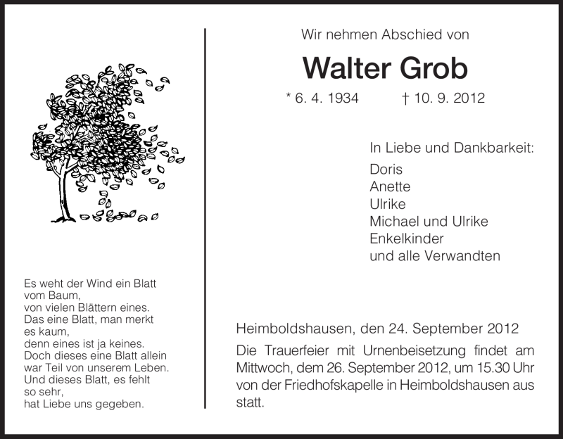  Traueranzeige für Walter Grob vom 24.09.2012 aus Hersfeld