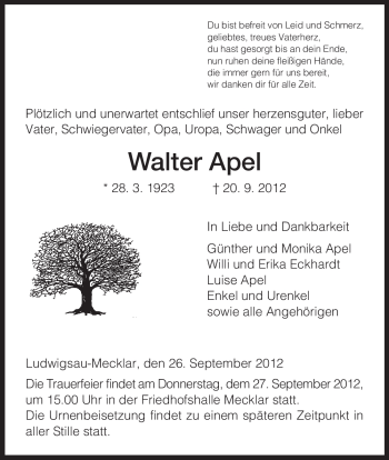 Traueranzeige von Apel Walter von Hersfeld