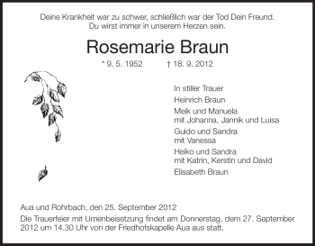 Traueranzeige von Rosemarie Braun von Hersfeld