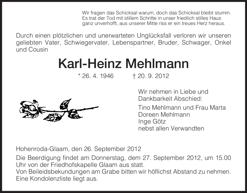  Traueranzeige für Karl-Heinz Mehlmann vom 26.09.2012 aus Hersfeld
