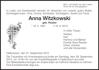 Traueranzeige von Anna Witzkowski von Hersfeld