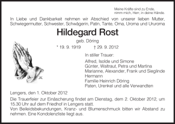 Traueranzeige von Hildegard Rost von Hersfeld