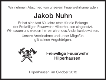 Traueranzeige von Jakob Nuhn von Hersfeld