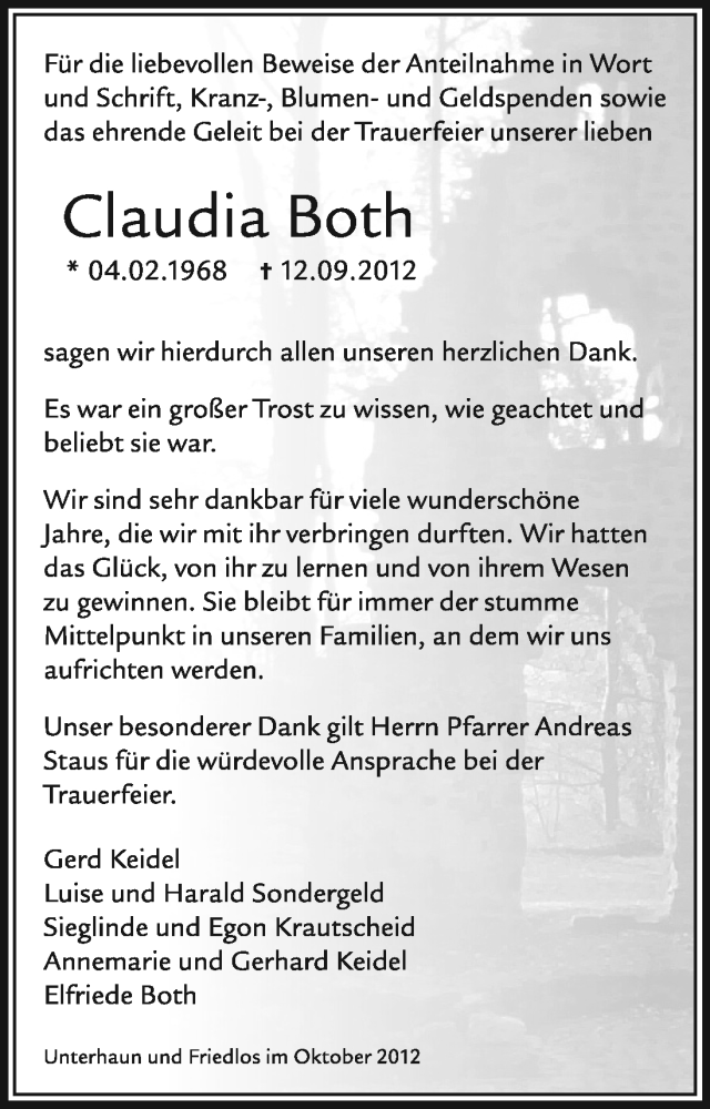  Traueranzeige für Claudia Both vom 06.10.2012 aus Hersfeld