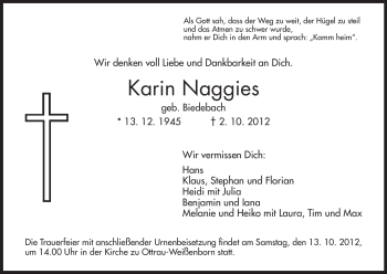 Traueranzeige von Karin Naggies von Hersfeld