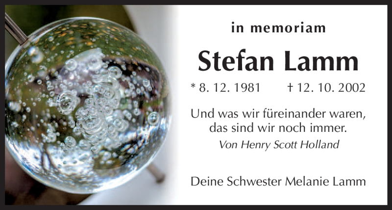  Traueranzeige für Stefan Lamm vom 12.10.2012 aus Hersfeld