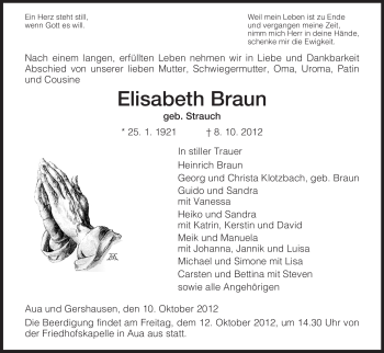 Traueranzeige von Elisabeth Braun von Hersfeld