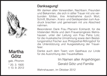 Traueranzeige von Martha Götz von Hersfeld