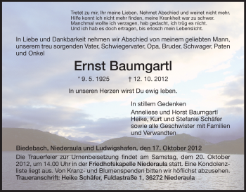 Traueranzeige von Ernst Baumgartl von Hersfeld