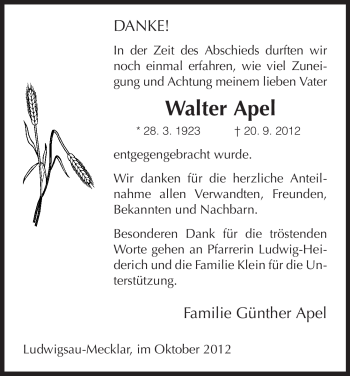 Traueranzeige von Walter Apel von Hersfelder Zeitung