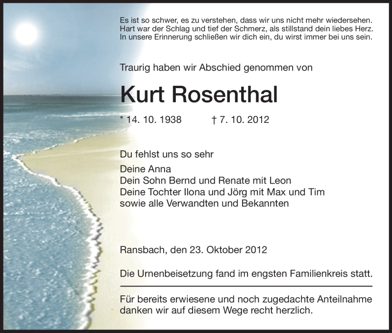  Traueranzeige für Kurt Rosenthal vom 23.10.2012 aus Hersfeld