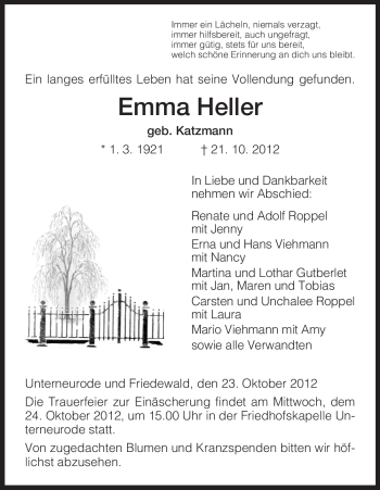 Traueranzeige von Emma Heller von Hersfeld