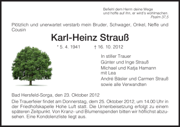 Traueranzeige von Karl-Heinz Strauß von Hersfeld