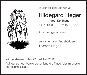 Traueranzeige von Hildegard Heger von Hersfelder Zeitung