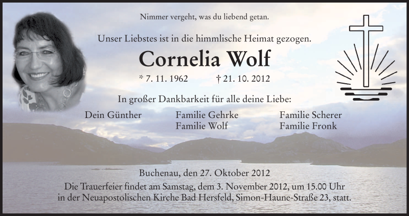  Traueranzeige für Cornelia Wolf vom 27.10.2012 aus Hersfelder Zeitung