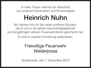 Traueranzeige von Heinrich Nuhn von Hersfeld