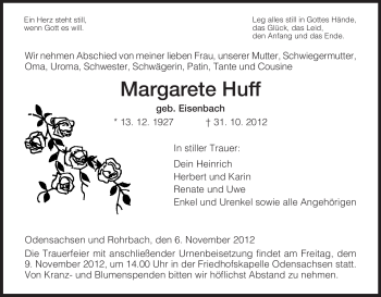 Traueranzeige von Margarete Huff von Hersfeld