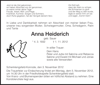 Traueranzeige von Anna Heiderich von Hersfeld